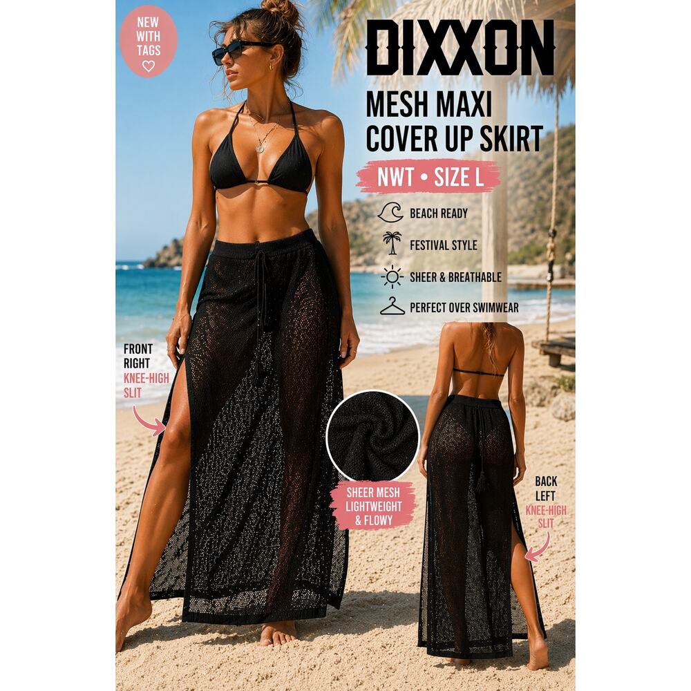 Dixxon Black Mesh Maxi Cover Up Skirt L Sheer Double Slit Festival Beach NWT